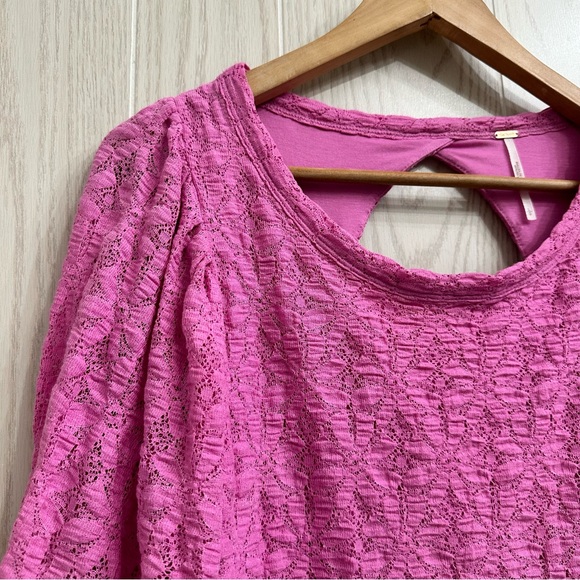 Free People Tea Time Top Plumeria Open Back Floral Lace Balloon Sleeves Size L - Picture 5 of 15